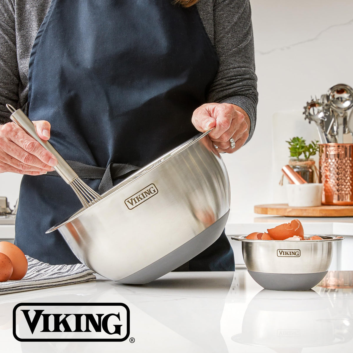 Viking mixing bowls with non-slip base securing stability during whisking