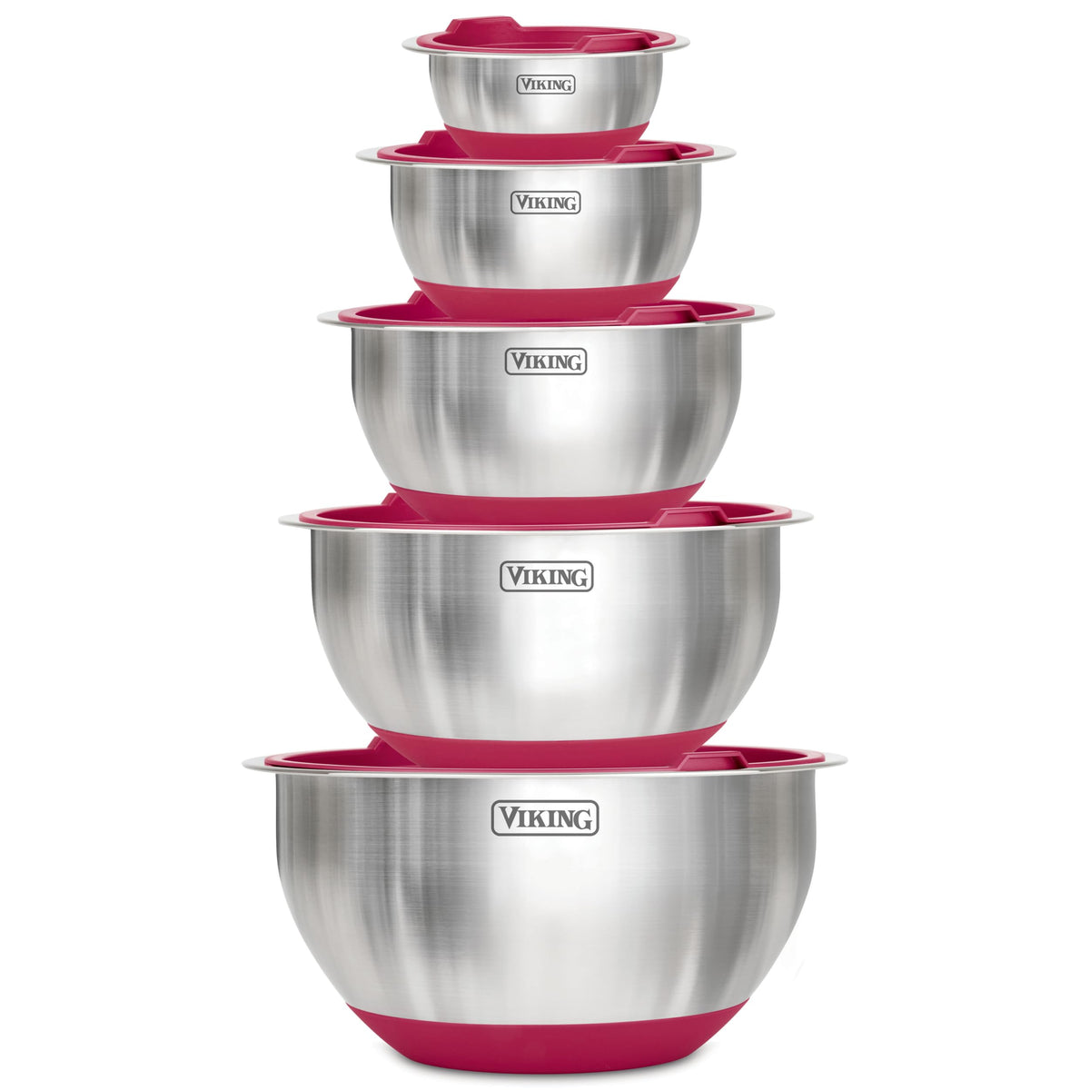 Viking red stainless steel mixing bowls set for versatile kitchen prep.