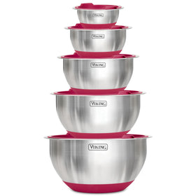 Viking red stainless steel mixing bowls set for versatile kitchen prep.
