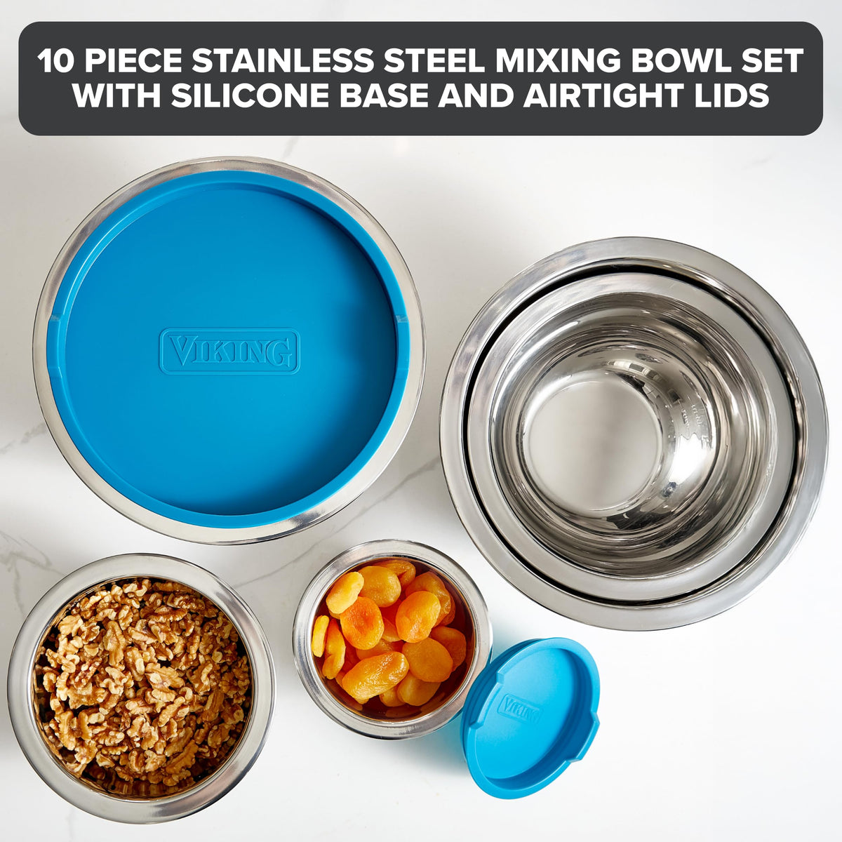 Viking Mixing Bowls Set showing tight-fit BPA-free lids for freshness.