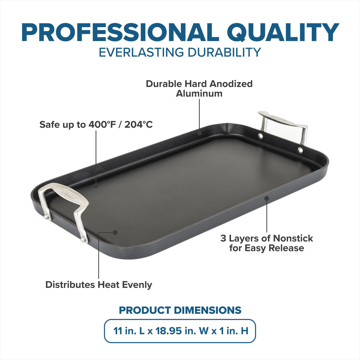 Viking griddle features raised, cool-touch handles for comfortable control.