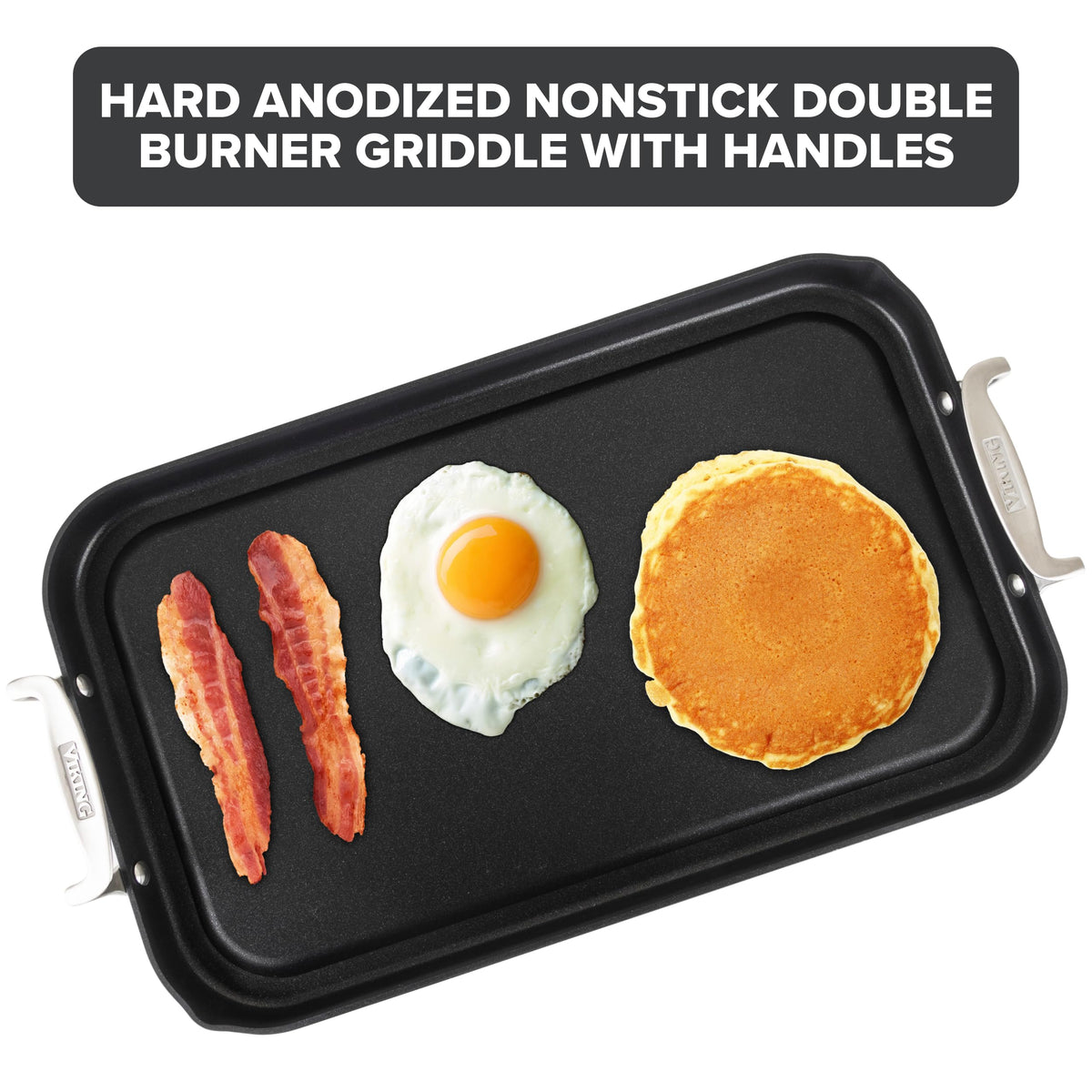 Viking griddle spans two burners for large batches like pancakes or sandwiches.