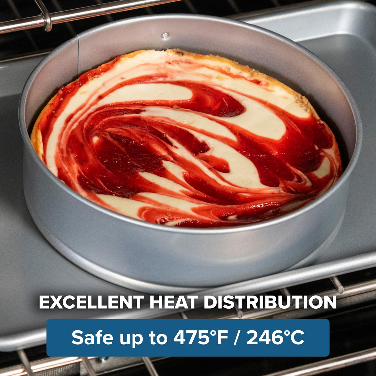 Viking Premium 9-Inch Springform Pan oven safe up to 475F for versatile recipes.