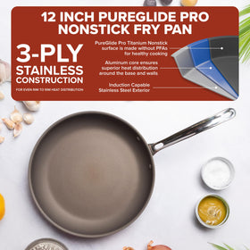 Viking PureGlide Pro 3-Ply frying pan handle close-up shows ergonomic steel grip and drip-free pouring.