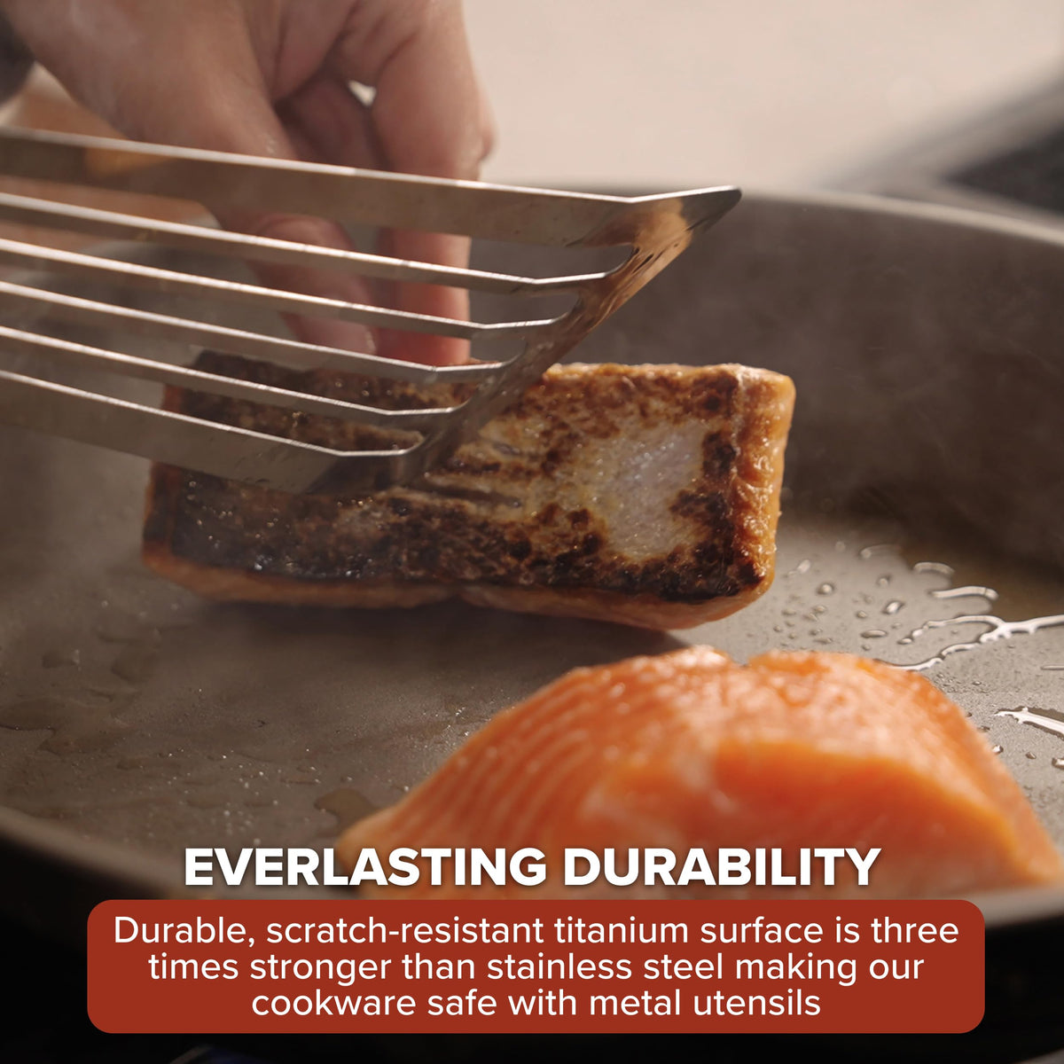 Viking PureGlide Pro 3-Ply pan surface close-up highlighting scratch-resistant titanium and durability.