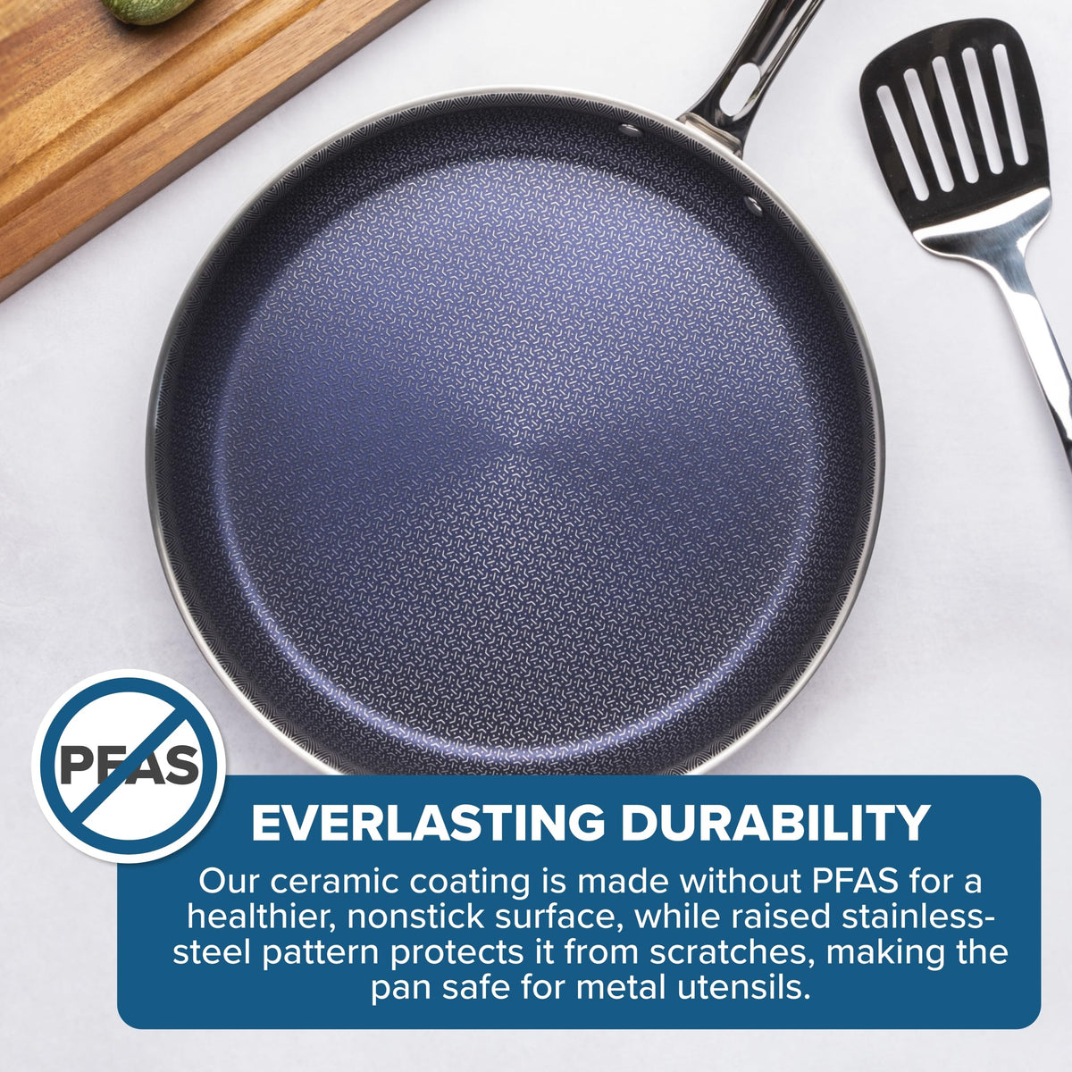 Viking raised stainless steel pattern surface protects nonstick and extends pan life