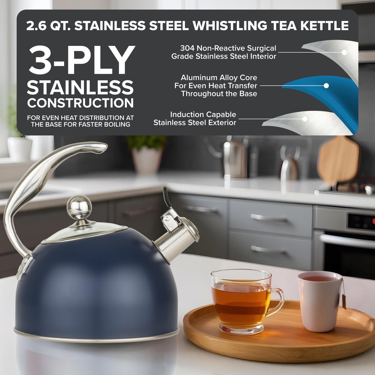 Viking tea kettle in blue finish heats evenly on induction and gas.