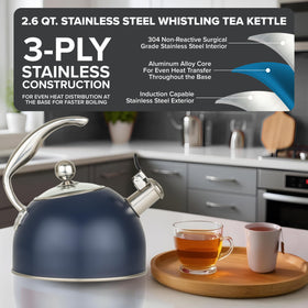 Viking tea kettle in blue finish heats evenly on induction and gas.
