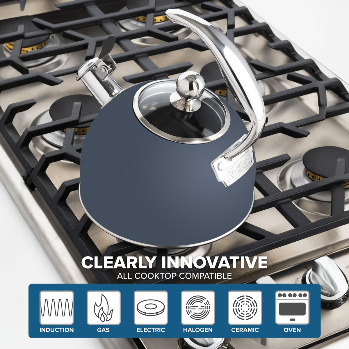 Viking ergonomic handle stays cooler for safe pouring.