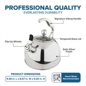 Viking tea kettle ergonomic handle stays cooler for safe pouring