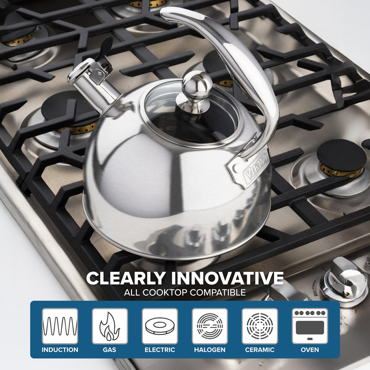 Viking tea kettle satin silver finish adds modern kitchen style