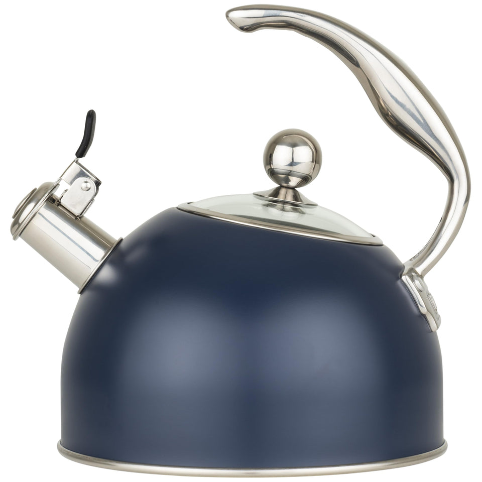 Viking tea kettle with slate finish and glass lid for monitoring water.