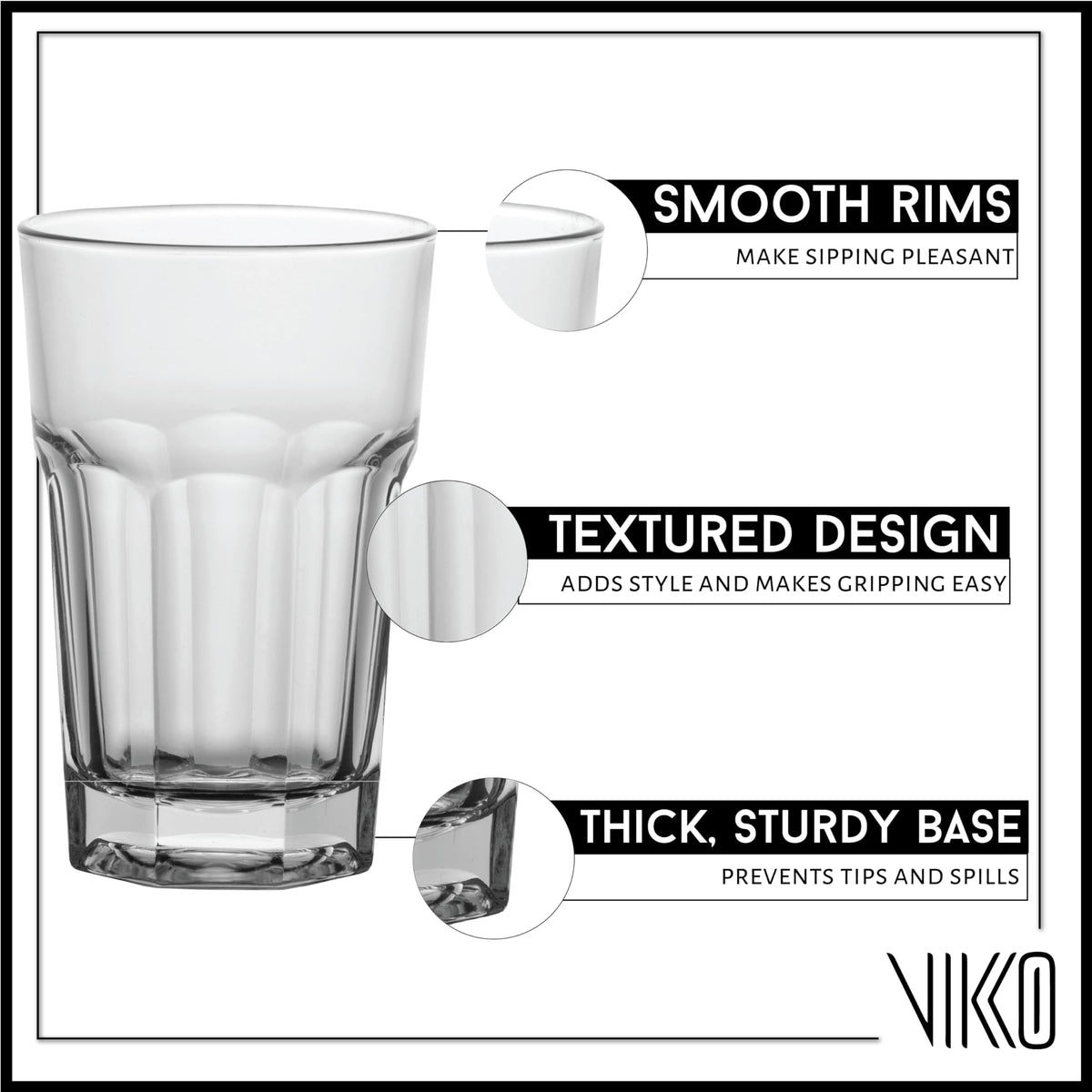 Vikko Morocco collection beveled ridges glass with secure grip and elegant silhouette.