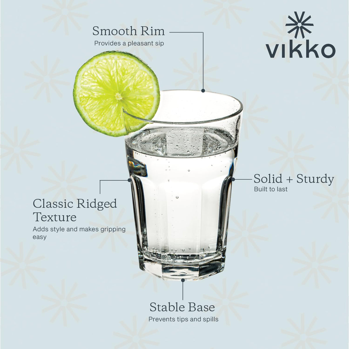 Vikko Morocco heavy-base glass offers stable, spill-free sipping on tabletops.