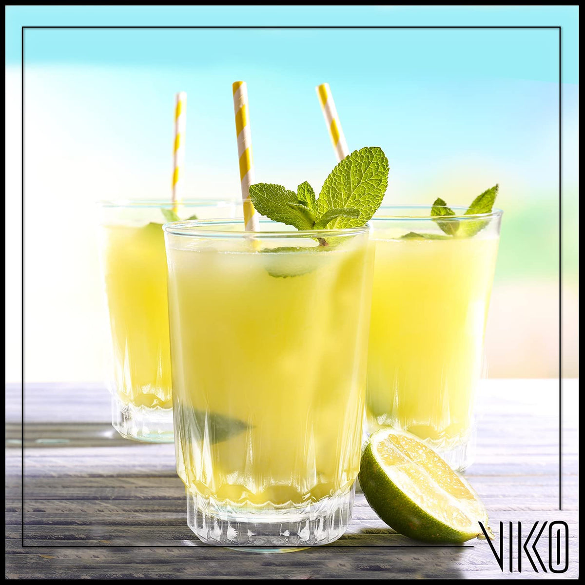 Vikko small juice glasses six-pack on table, versatile for juice, water, and tastings.