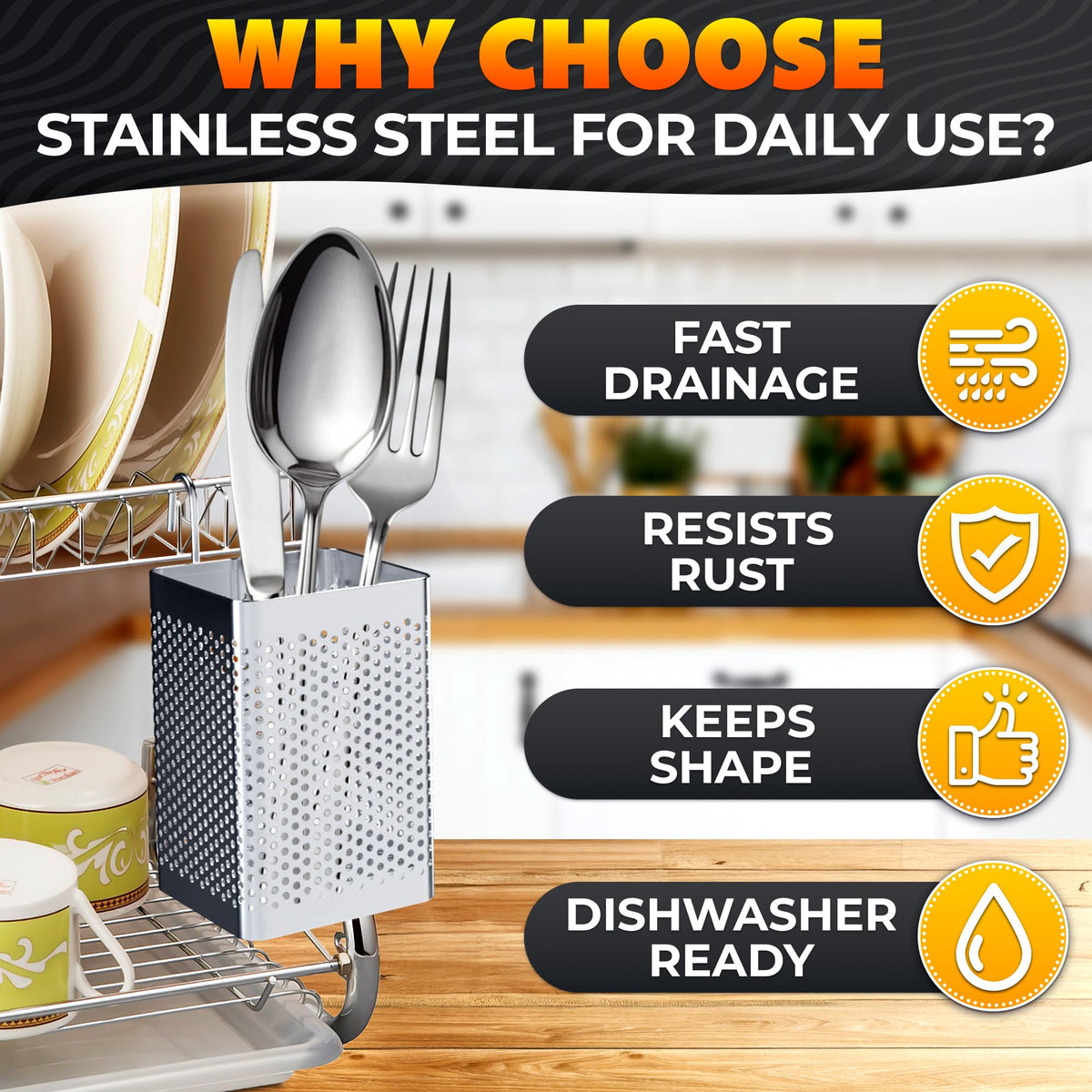 VIKROM dishwasher chopstick basket side view with secure hooks for racks.