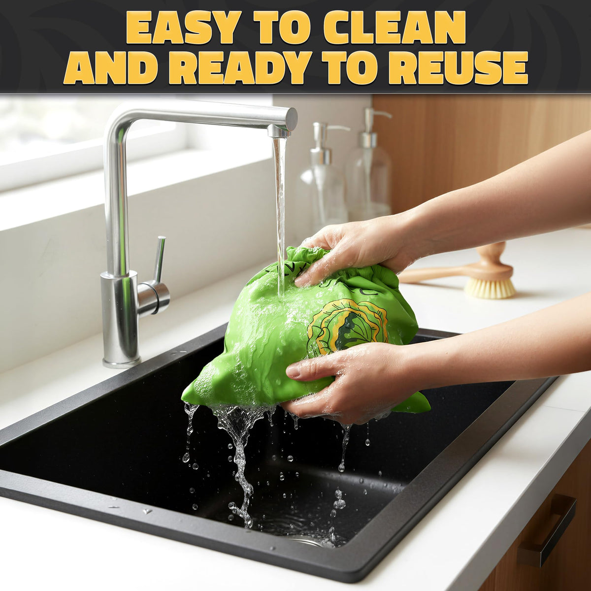 VIKROM machine-washable bags simplify cleanup after shopping.