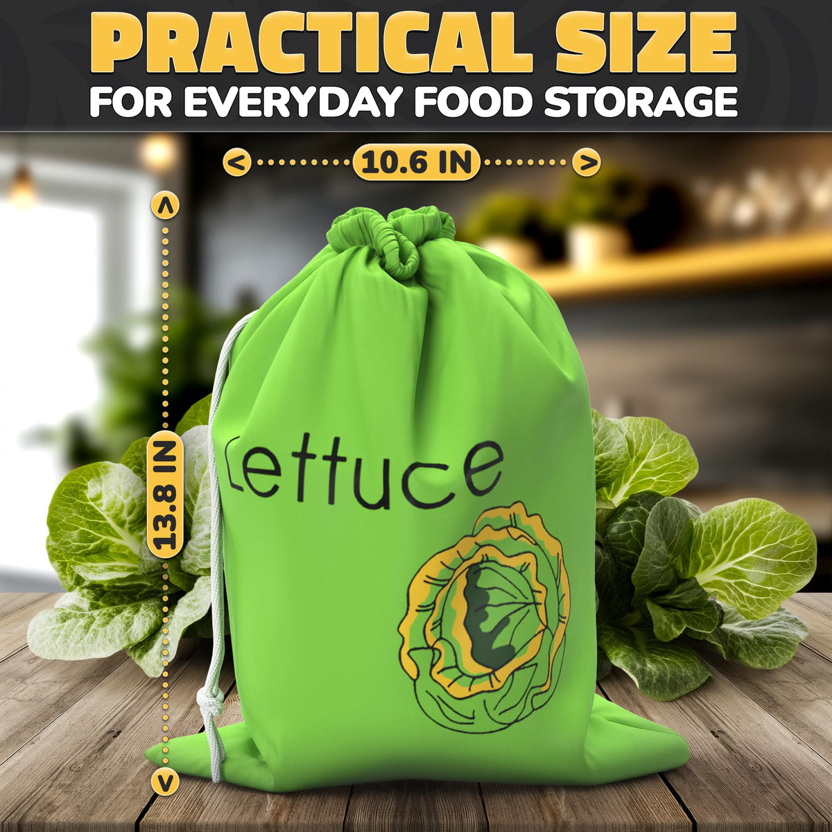 VIKROM three-layer reusable bags with drawstring shown in fridge for extended shelf life.