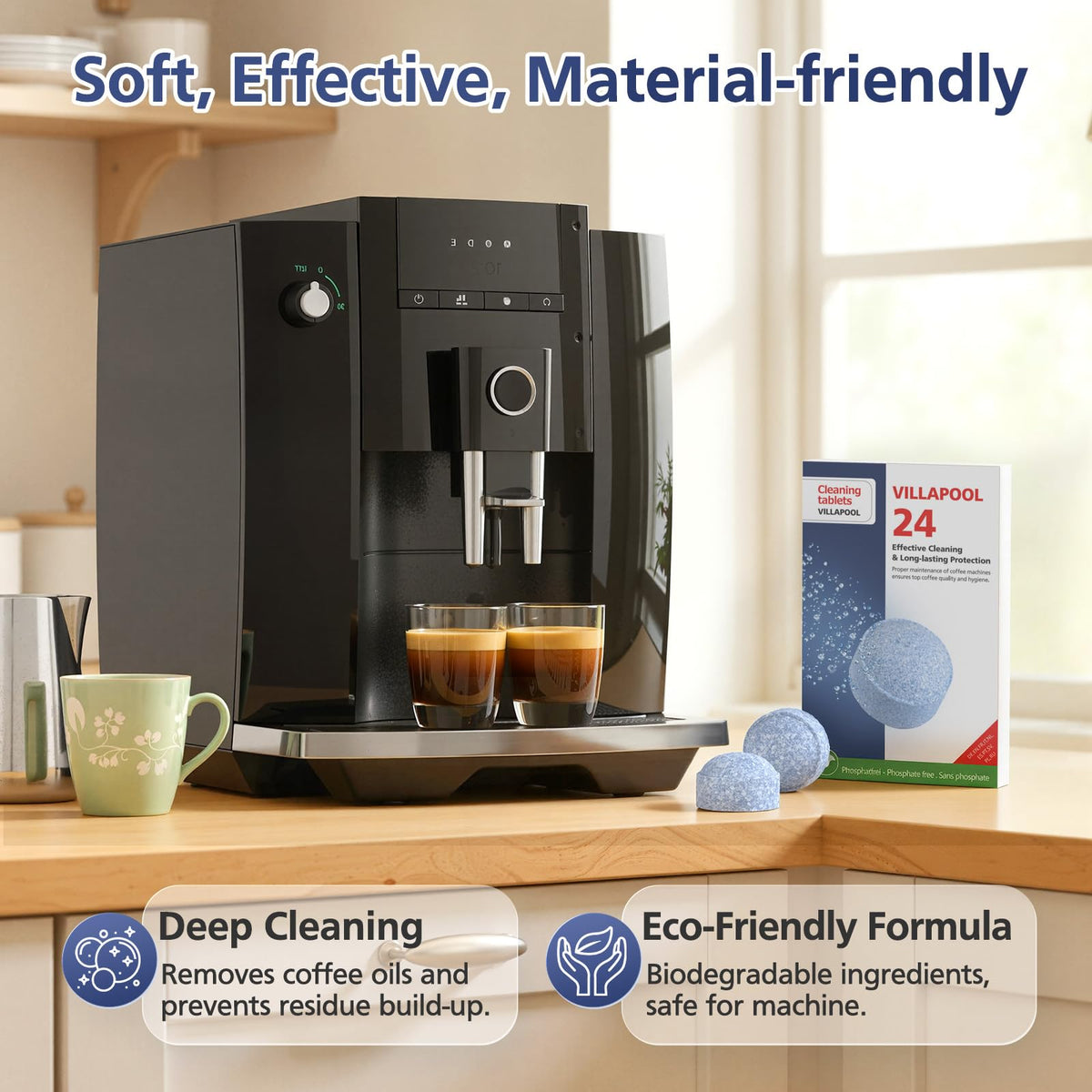 VILLAPOOL cleaning tablets remove coffee oils and residues for peak performance.