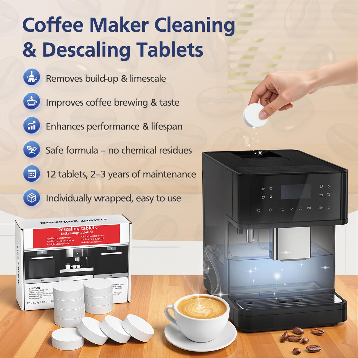 VILLAPOOL descaling tablet in Miele coffee machine supports clean brewing.