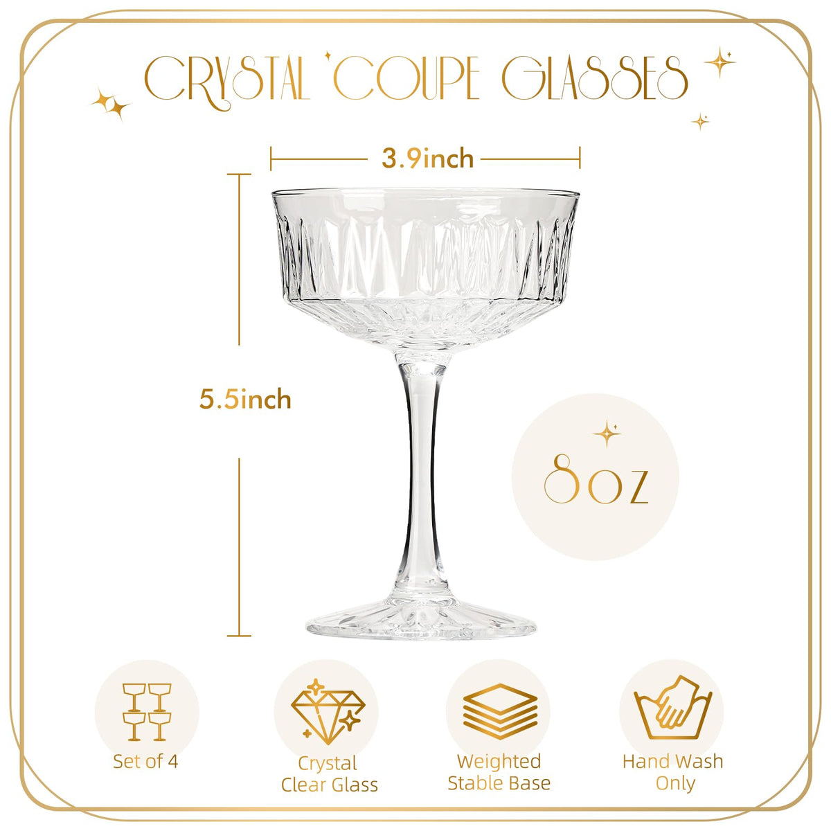 VIMERPA gift-ready satin box holds four champagne coupe glasses for celebrations
