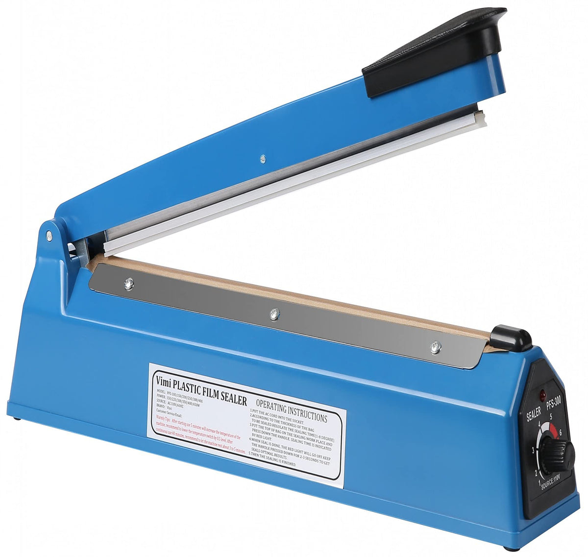 VIMI Impulse Sealer in action sealing a plastic bag quickly and cleanly.