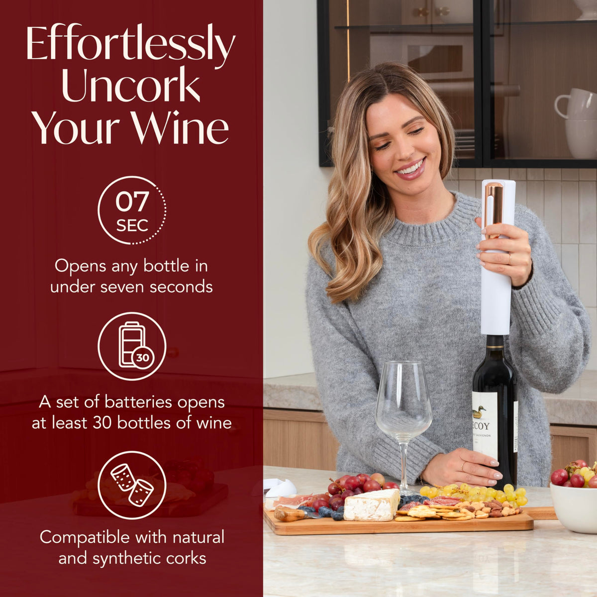 VIN FRESCO battery-powered corkscrew for quick bottle opening.