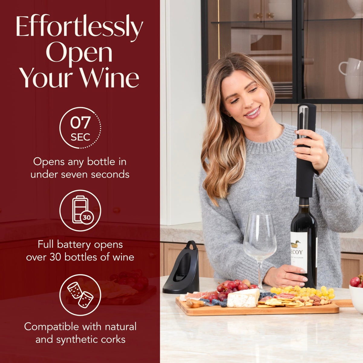 VIN FRESCO electric corkscrew with foil cutter ready for effortless prep