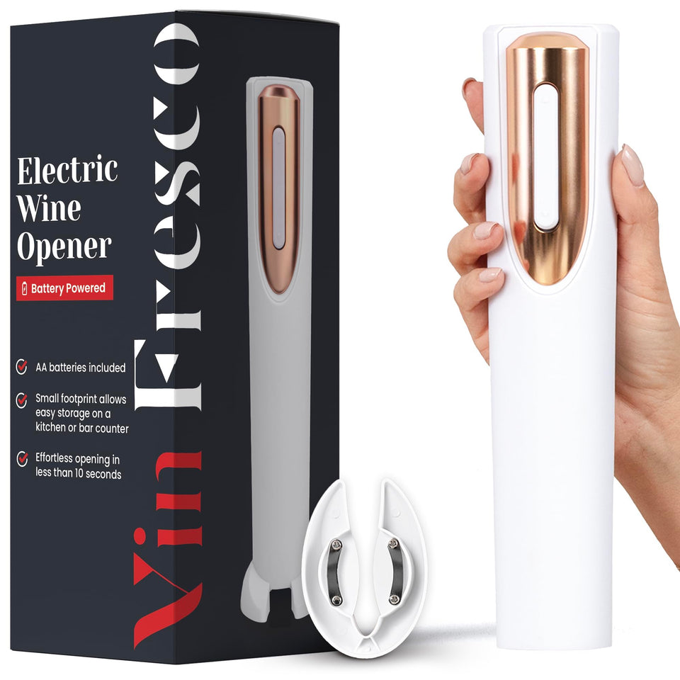 VIN FRESCO electric wine opener on its stand ready to uncork bottles effortlessly.