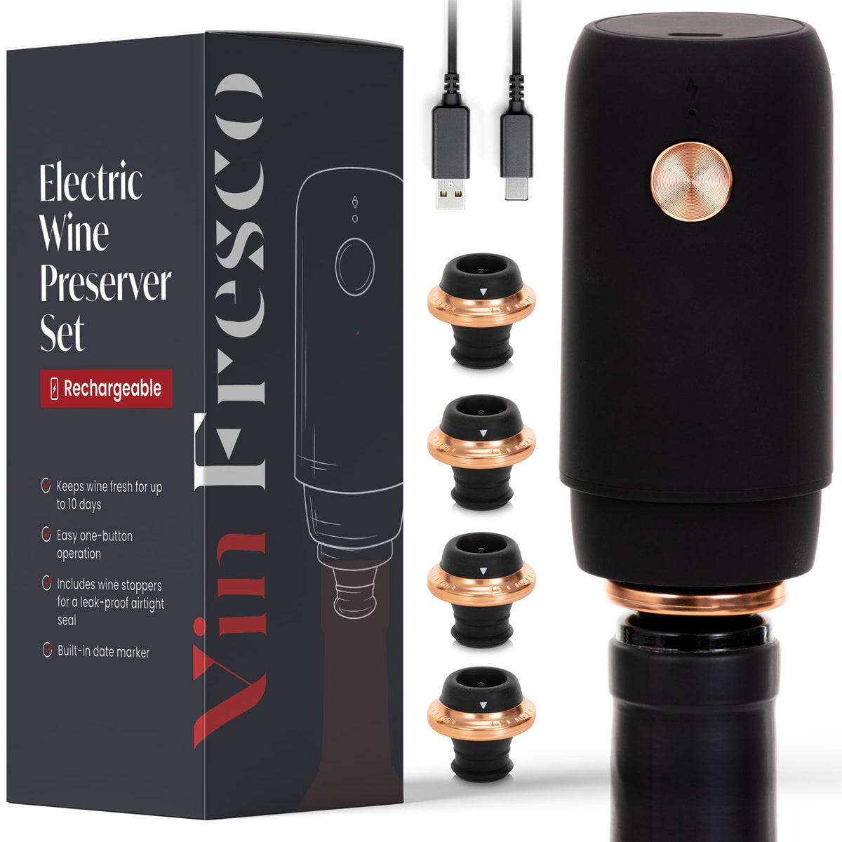 VIN FRESCO electric wine preserver in black and rose gold keeps wine fresh longer