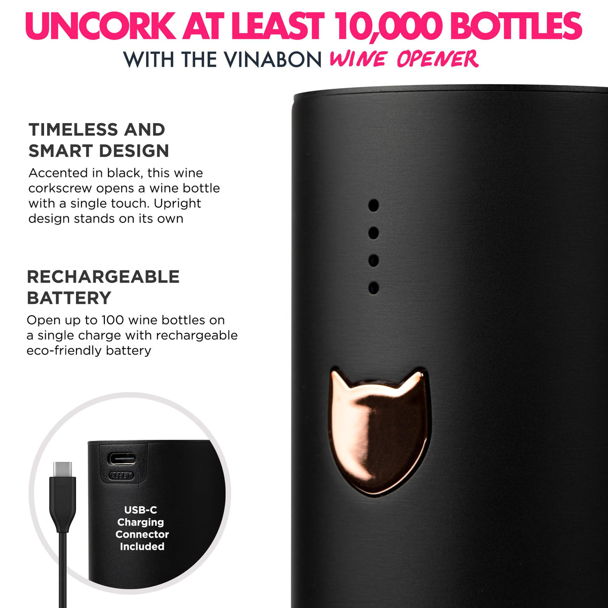 VINABON opens up to 100 bottles per charge, great for gatherings.