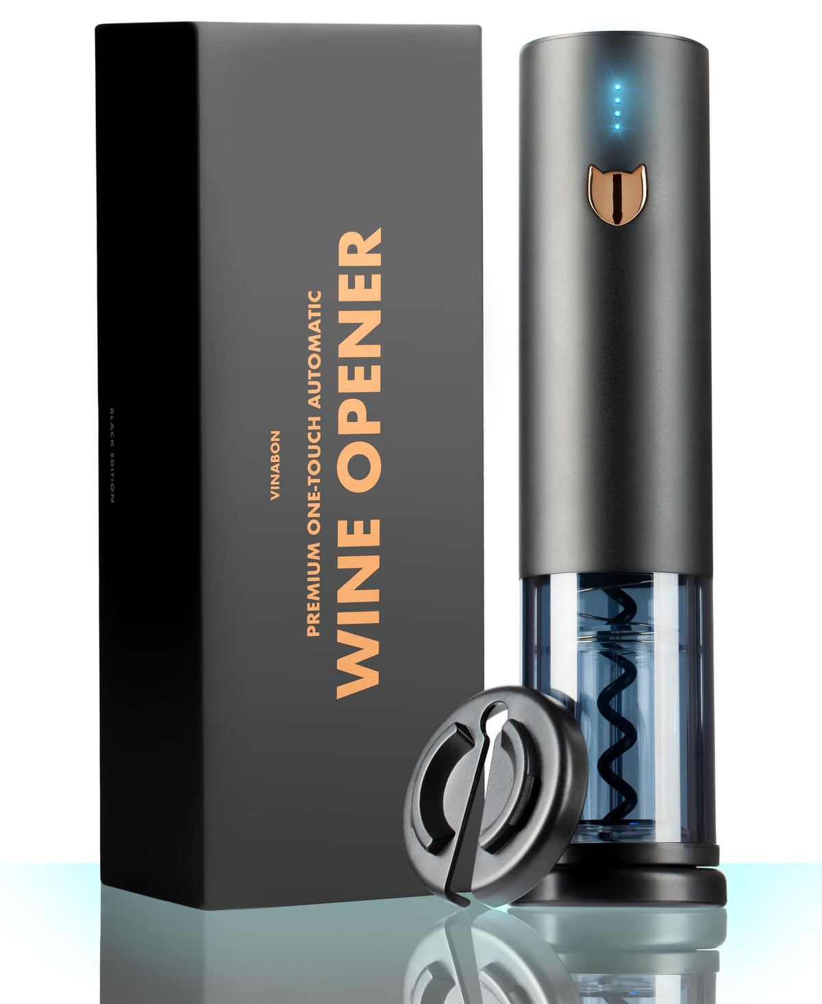 VINABON electric wine opener in action, effortless cork removal with a press.