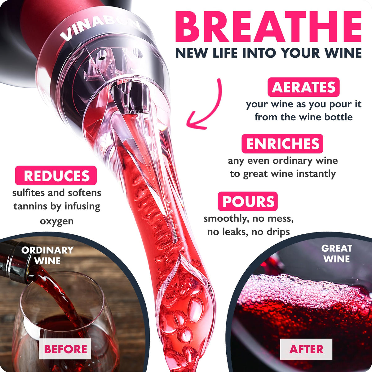 VINABON pourer attached to bottle for corked wine fit