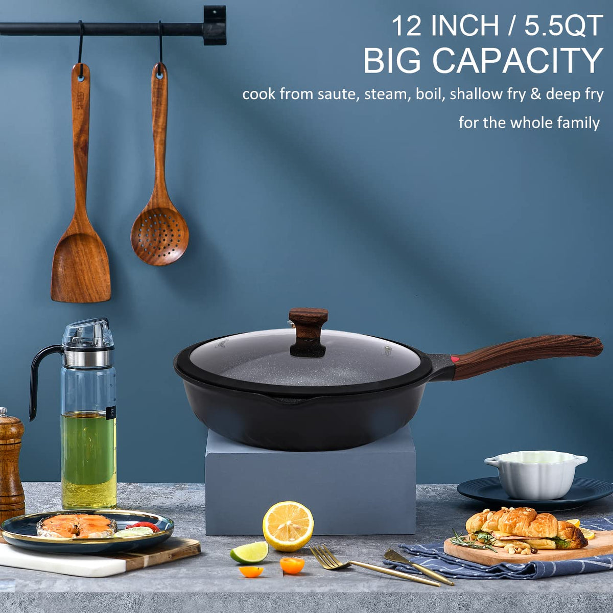 Vinchef 12-inch pan with ceramic coating for durable, low-fat cooking and quick heat distribution.