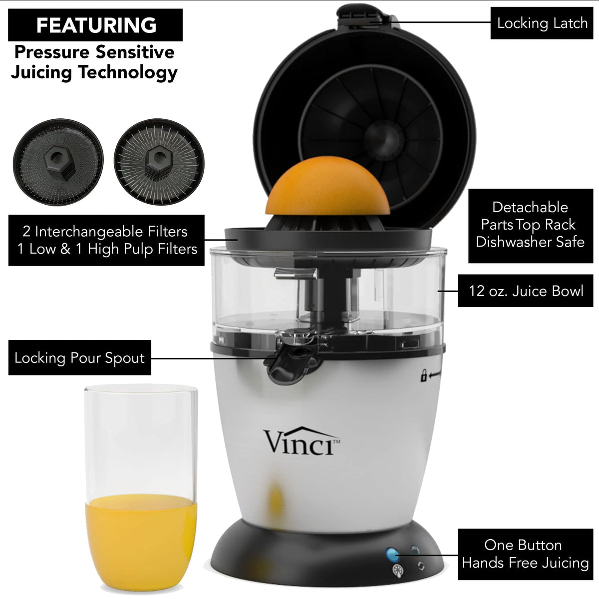 VINCI citrus compatibility up to 4.5 inches for lemons and oranges