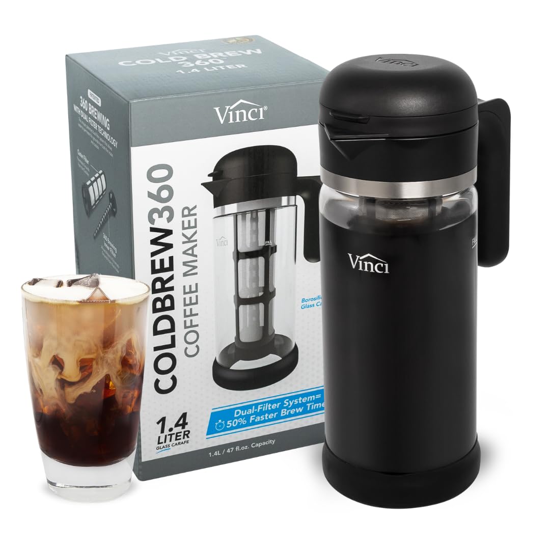 VINCI Cold Brew 360 glass carafe with an easy pour spout for generous servings.