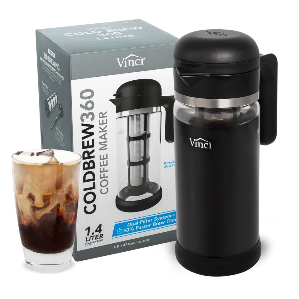 VINCI Cold Brew 360 glass carafe with an easy pour spout for generous servings.