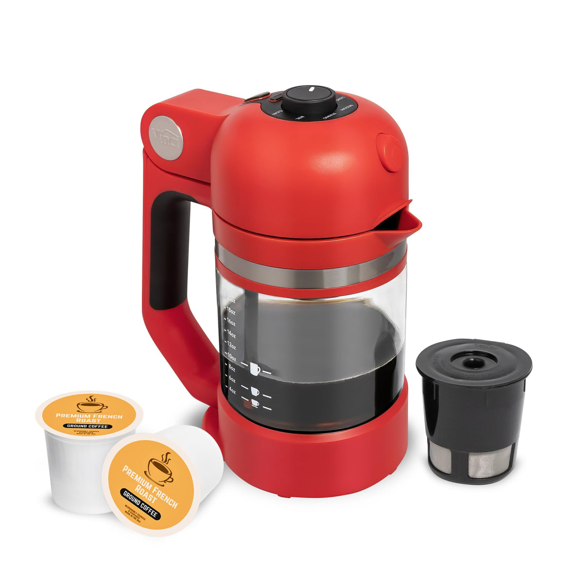 VINCI Micro Café brewer in red with glass carafe; compact for small spaces and easy travel