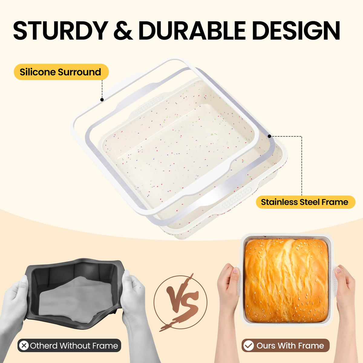 Vinino 8x8 square pan nonstick silicone for easy release of baked goods.