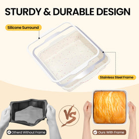 Vinino 8x8 square pan nonstick silicone for easy release of baked goods.