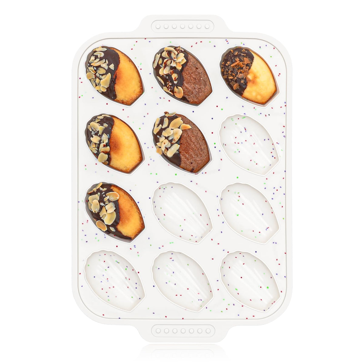 Vinino 12-cavity shell pattern madeleine pan for even browning.