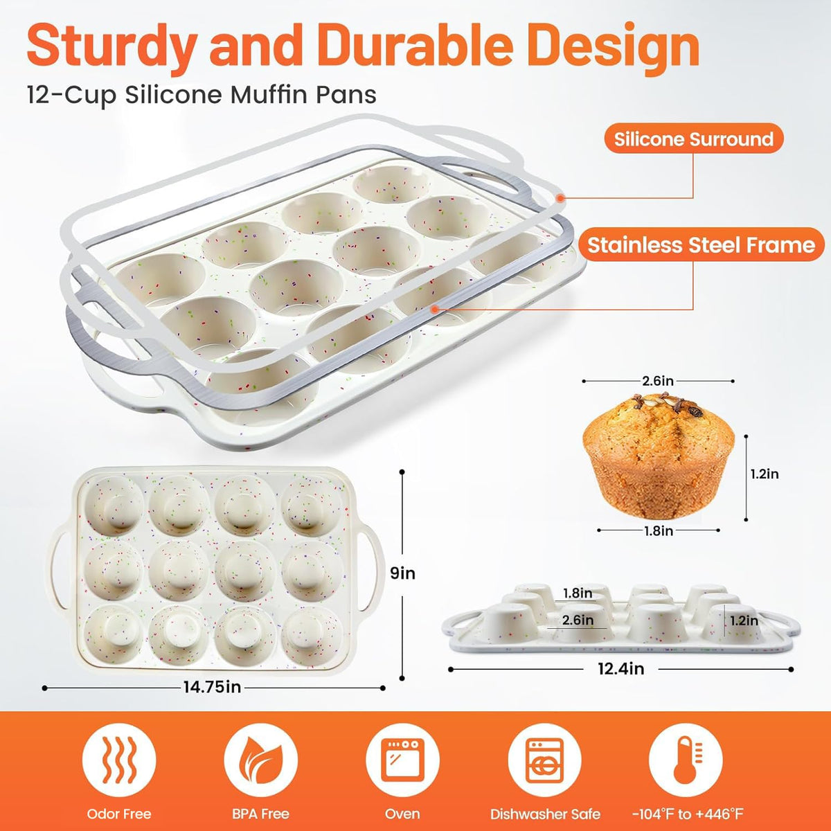 Vinino 12-cup muffin pan framed for sturdy baking stability.