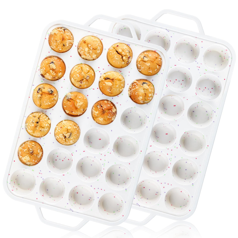 Vinino mini muffin pan with metal reinforced frame, easy oven handling.
