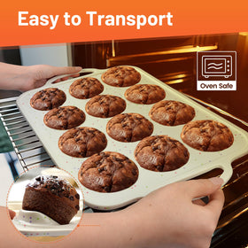 Vinino non-stick muffin pan releases muffins with gentle pressure.