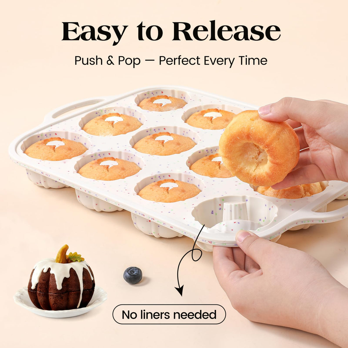 Vinino non-stick silicone surface ensures easy removal of mini desserts.