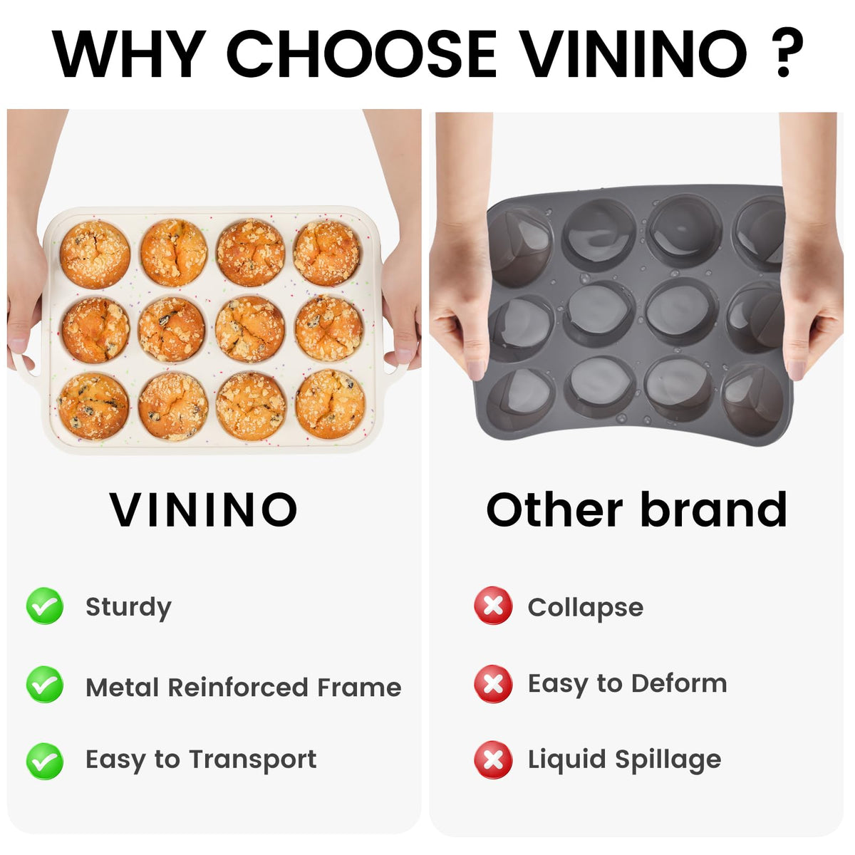 Vinino oven-safe and dishwasher-safe muffin pan for easy cleanup.