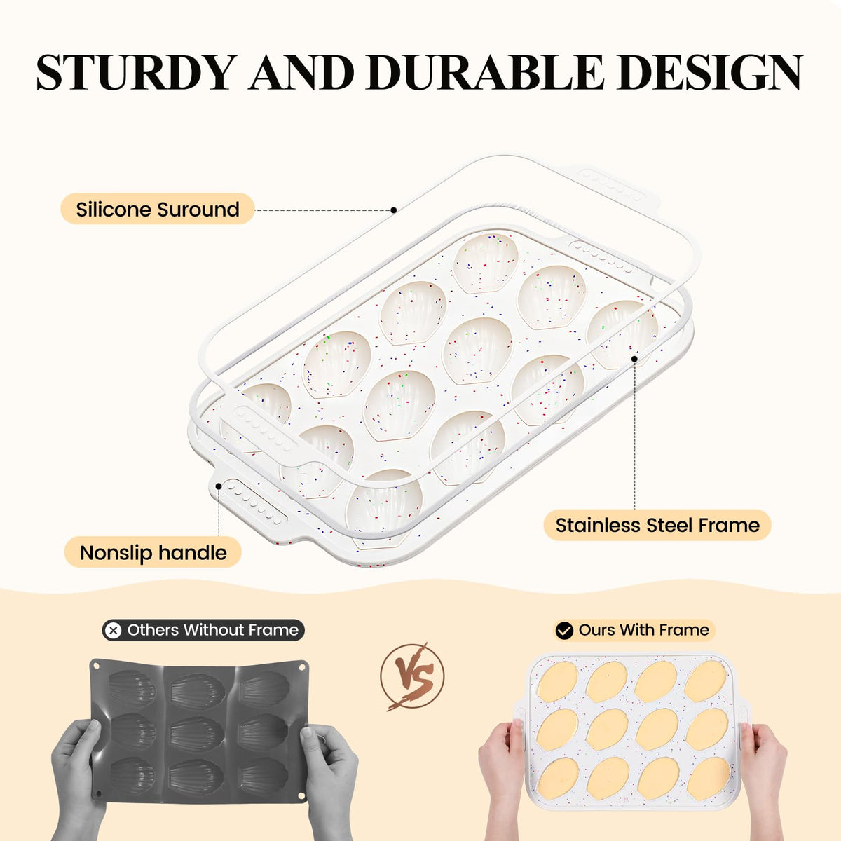 Vinino silicone mold with metal-reinforced frame for stable baking.