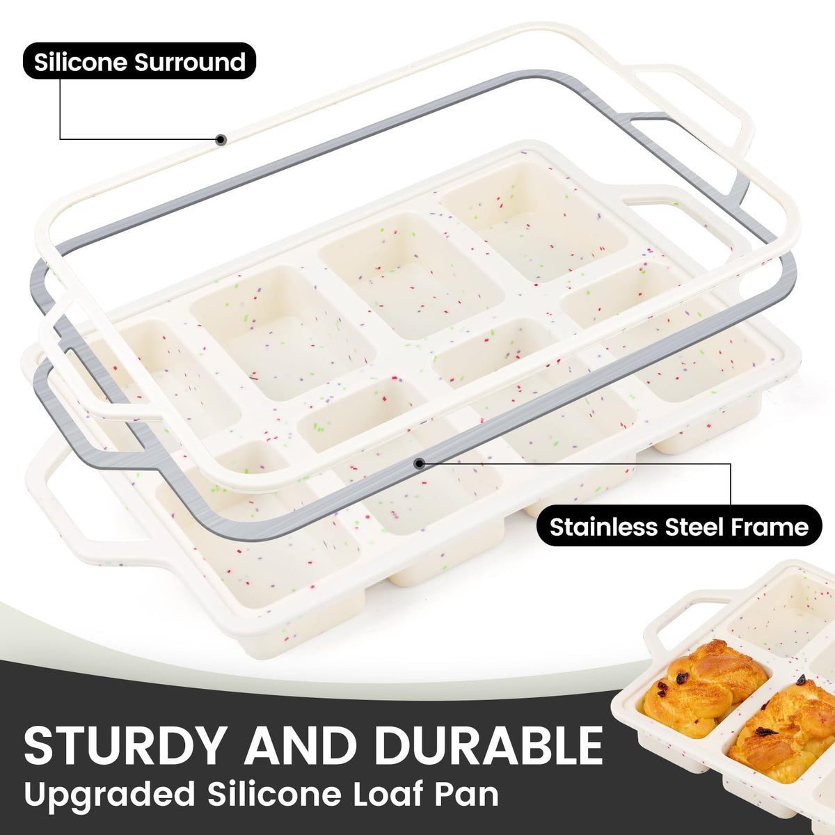 Vinino silicone mini loaf pan with metal reinforced frame closeup for sturdy handling