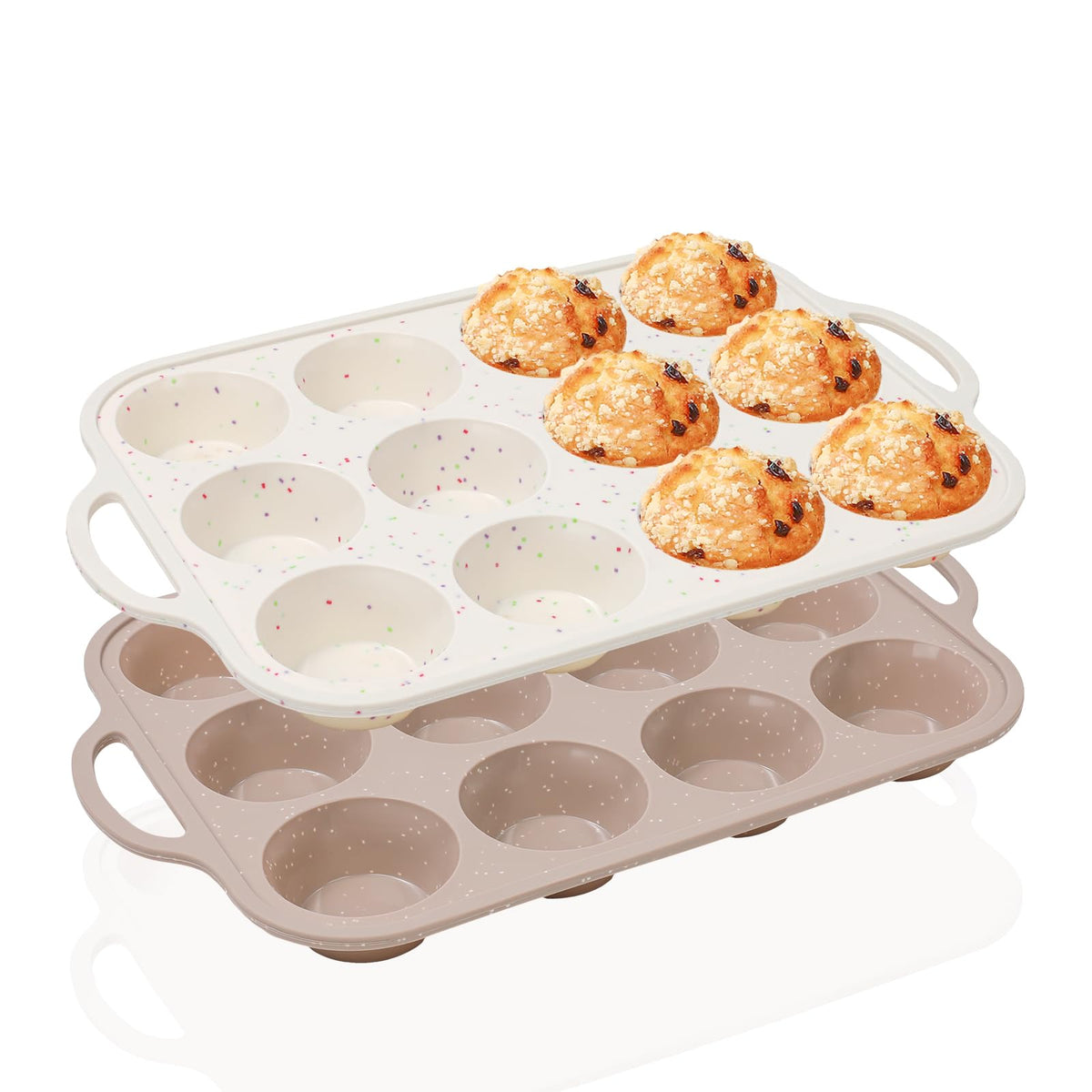Vinino 12-cup beige-brown muffin pan with reinforced edge for safe transfer.
