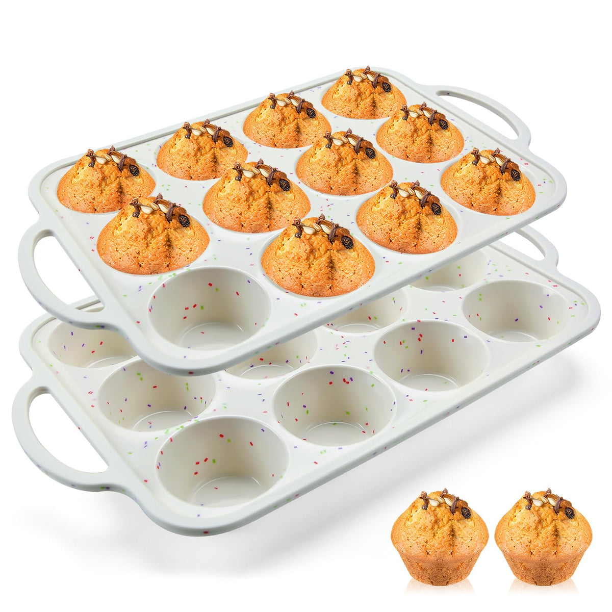 Vinino silicone muffin pan with reinforced frame for easy oven handling.